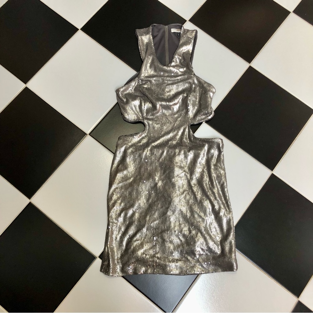 Halston Heritage Sequin Cut Outs Mini Dress Antique Silver Sequins Bodycon sz 8 - Picture 5 of 16